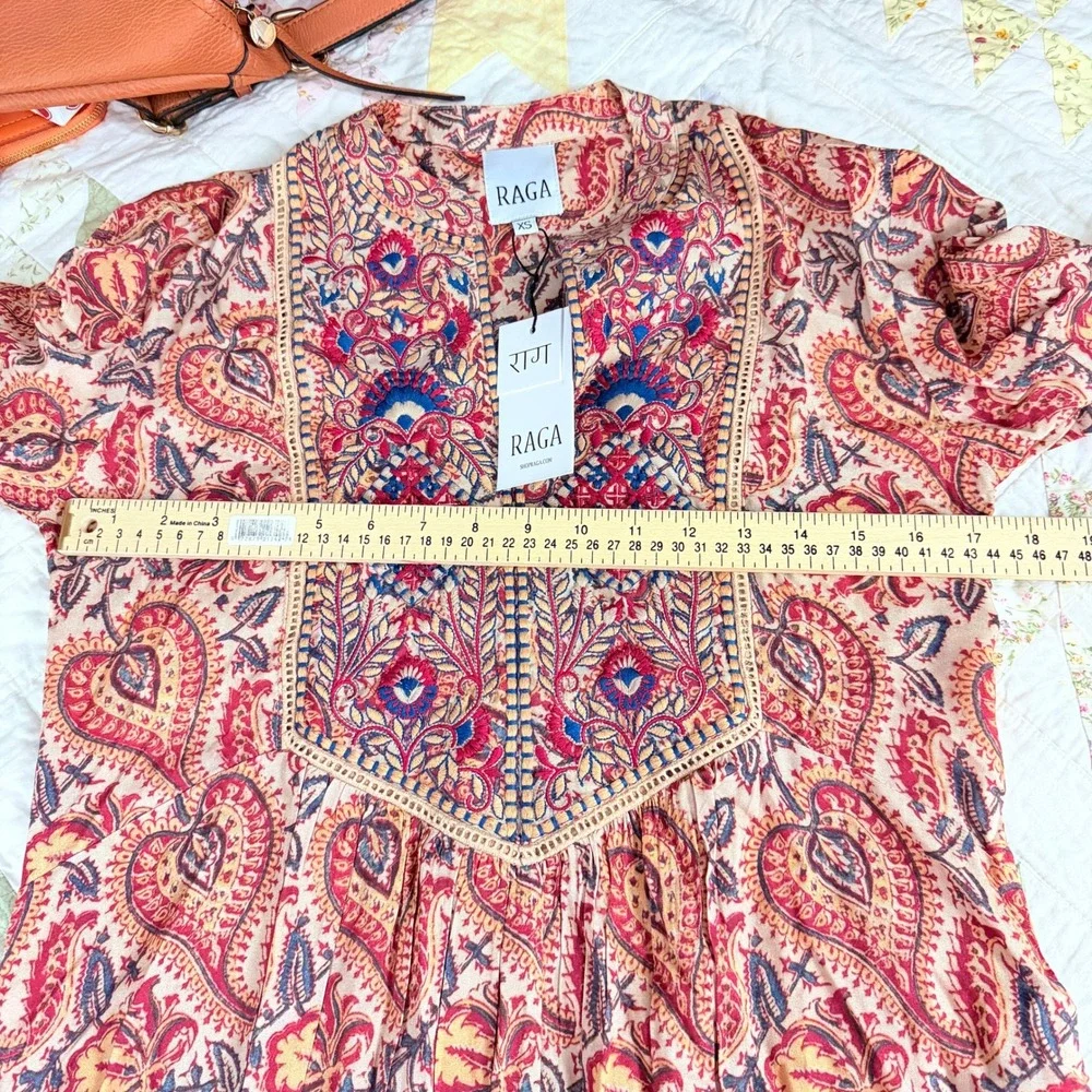 NEW RAGA Naya Embroidered Paisley Midi Dress Beige Red Boho Tiered XS